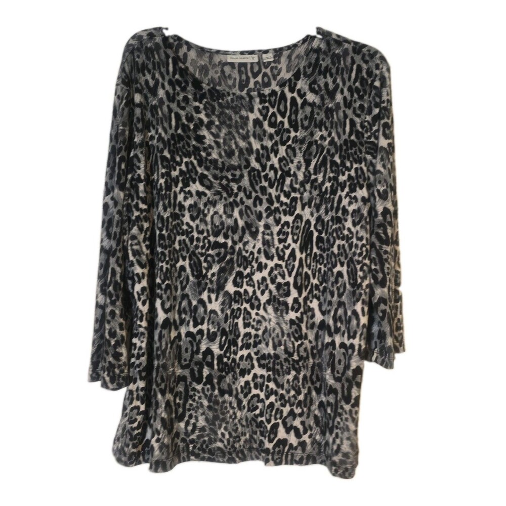 Susan Graver Women’s L Leopard Animal Print 3/4 Sleeve Tunic Top Gray Blac